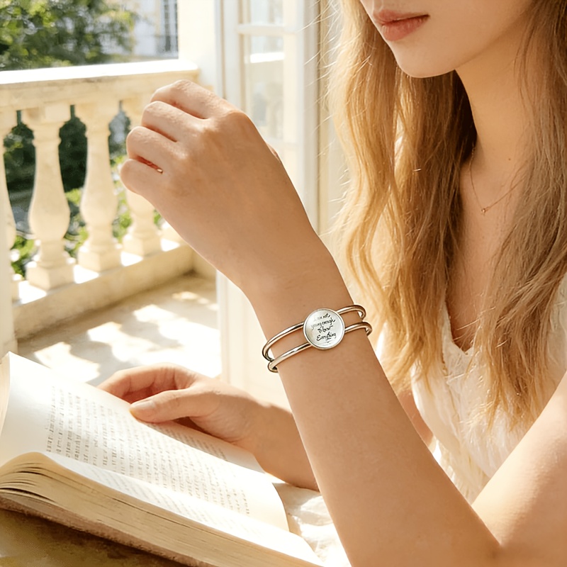 Adjustable Open Bangle with Round Time Gemstone Inlay, Handwritten Design
